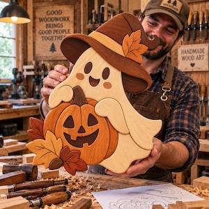 May include: A handcrafted wooden wall art piece featuring a light-colored ghost wearing a dark brown witch hat with an orange leaf accent. The ghost holds a carved orange pumpkin with a jack-o'-lantern face, decorated with autumn leaves.