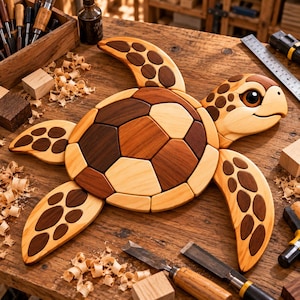May include: A handcrafted wooden sea turtle puzzle featuring a shell composed of interlocking light, medium, and dark brown wood segments. The turtle has a smooth finish, a detailed head with a large eye, and four flippers with dark brown spots.