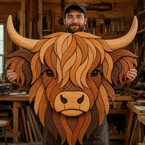 Puede incluir: Una pieza de arte mural de madera con forma de cabeza de vaca Highland, elaborada con varios tonos de madera natural, incluyendo beige claro, marrón medio y marrón oscuro. El diseño presenta segmentos de madera curvados y superpuestos.