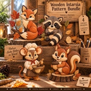 May include: A wooden intarsia pattern bundle featuring four animal figures: a fox, a raccoon, a chef mouse, and a squirrel with an acorn. The set includes wooden signs with text such as Wooden Intarsia Pattern Bundle, Nature Looks Better in Wood, and Handmade Happiness.