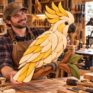 Könnte beinhalten: Ein handgefertigtes Wandkunstobjekt aus Holz in Form eines Kakadus mit gelbem Kamm, cremefarbenem Gefieder und dunklem Schnabel. Der Vogel sitzt auf einem braunen Holzast mit zwei grünen Blättern und besteht aus geschichteten Holzsegmenten.
