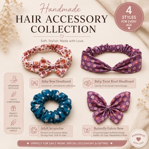 4-Style Hair Accessory Sewing Pattern | Bow, Twist Headband, Scrunchie, Bow Clip (PDF Download)