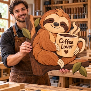 May include: A multi-layered wooden wall art piece featuring a smiling sloth resting on a tree branch. The sloth holds a light-colored mug with the text Coffee Lover and a small heart icon printed on it. The design uses various wood tones.
