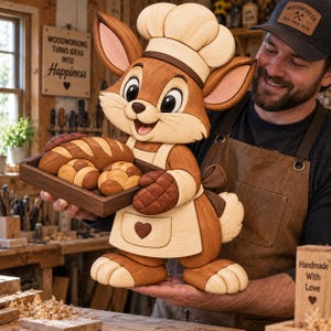 Könnte beinhalten: Eine Holzskulptur eines Cartoon-Hasen mit Kochmütze und Schürze, der ein Tablett mit Brot hält. Der Hase hat große Augen, einen lächelnden Mund und ein Herzdetail auf der Schürze. Das Stück ist aus hellem und dunklem Holz gefertigt.