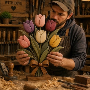 May include: A wooden tulip bouquet sculpture featuring six carved flowers in shades of purple, pink, cream, and yellow, with green leaves and a brown bow at the base, all mounted on a rectangular wooden stand, showcasing detailed wood grain textures.