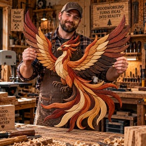 Könnte beinhalten: Ein großes, komplexes Wandkunstwerk aus Holz in Form eines Phönix mit weit ausgebreiteten Flügeln. Die Skulptur besteht aus geschichteten Holzsegmenten in verschiedenen Rot-, Orange-, Gelb- und Dunkelbrauntönen, die einen strukturierten Effekt erzeugen.