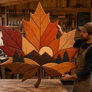 May include: A large wooden wall art piece shaped like a maple leaf, featuring a multi-colored mosaic design of a mountain landscape with a sun, dark brown mountains, and green pine trees, crafted from various shades of stained wood segments.