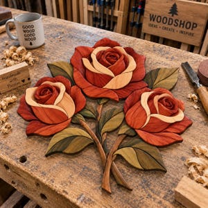 May include: A three-dimensional wooden wall art piece featuring three roses with layered petals in shades of deep red and light cream, accompanied by dark green leaves and stems, crafted from segmented wood pieces with visible grain patterns.