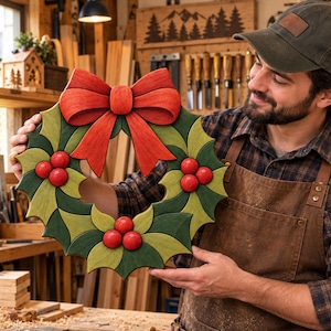 May include: A decorative wooden Christmas wreath featuring dark and light green holly leaves, three clusters of bright red spherical berries, and a large, prominent red bow at the top, all crafted with a visible wood grain texture.