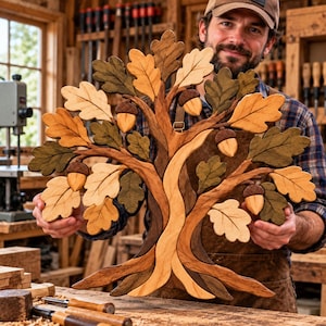 Majestic Oak Tree Intarsia Pattern | Acorn & Oak Leaf Wood Art | Scroll Saw Woodworking Template | Rustic Tree Wall Decor
