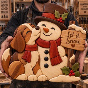 Snowman  Puppy Christmas Intarsia Pattern | Let It Snow Woodworking Project | Scroll Saw PDF & SVG Digital Download