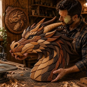 May include: A handcrafted wooden dragon head wall sculpture featuring layered scales in various natural wood tones including light, medium, and dark brown. The dragon has prominent horns, a detailed snout, and a sharp, textured appearance.