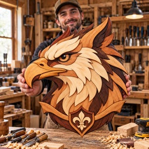 Könnte beinhalten: Ein mehrschichtiges Wandkunstobjekt aus Holz in Form eines Adlerkopfes, das verschiedene Holztöne von hell bis dunkelbraun aufweist. Das Design umfasst detaillierte Federstrukturen und einen Schild am unteren Rand mit einem Fleur-de-Lis-Emblem.