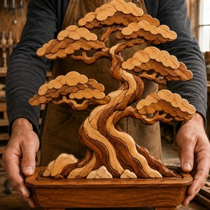 Könnte beinhalten: Eine hölzerne Bonsai-Baumskulptur aus kontrastierenden hellen und dunklen Holztönen. Der Baum hat einen gedrehten Stamm und geschichtete, wolkenartige Blattbereiche, die auf einem rechteckigen Holzsockel mit kleinen steinartigen Akzenten stehen.