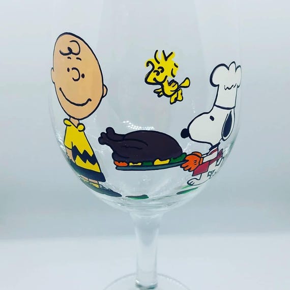 peanuts charlie brown snoopy woodstock pilgrim thanksgiving turkey hand painted wine glass