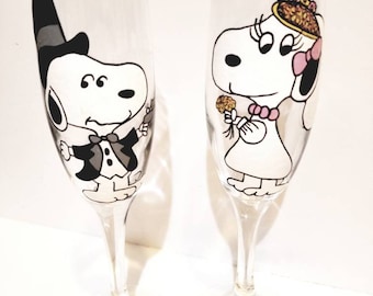 custom set of 2 custom snoopy bride groom wedding toasting glasses, hand painted