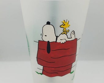 Hand painted Starbucks Venti Reusable Tumbler cup with Straw, Snoopy inspired, peanuts gang, Woodstock