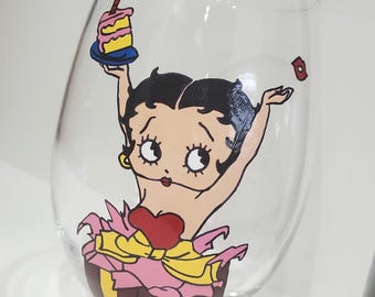 hand painted betty boop inspired  birthday wine glass