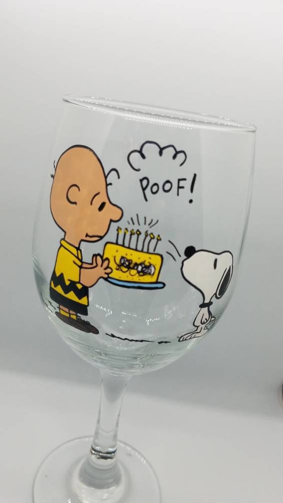 Snoopy and Woodstock Handpainted Peanuts inspired stemless wine glass