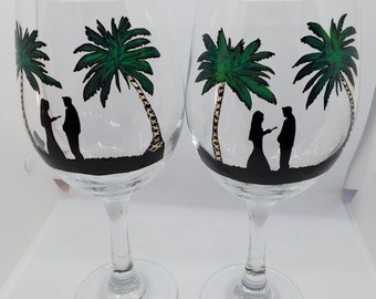 Wine glass,custom hand painted, sunset Engagement proposal,beach wedding, Aruba island wedding