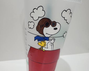 Hand painted Starbucks Venti Reusable Tumbler cup with Straw, Snoopy inspired, peanuts gang, Woodstock, red baron