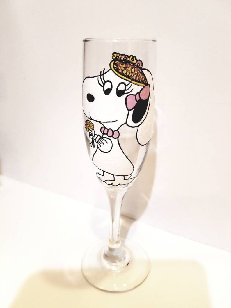 custom set of 2 custom snoopy bride groom wedding toasting glasses, hand painted image 3
