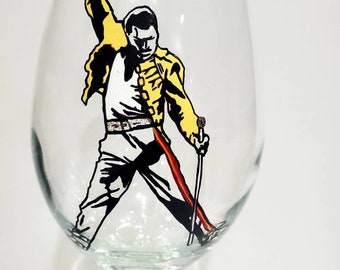 Hand painted wine glass, Freddie mercury, queen, bohemian rhapsody