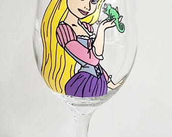 Rapunzel hand painted wine glass