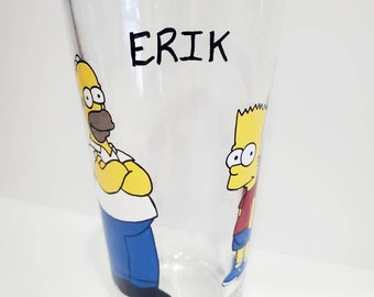 Personalized Simpsons inspired pint glass, Bart Simpson, Homer Simpson hand painted