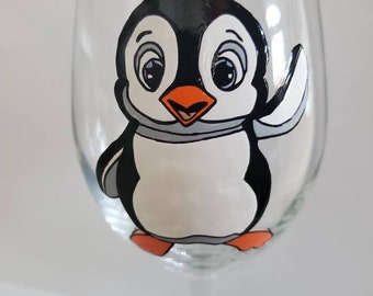 Penguin hand painted wine glass