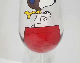 Snoopy inspired wine glass, snoopy red baron, peanuts gang,pilot