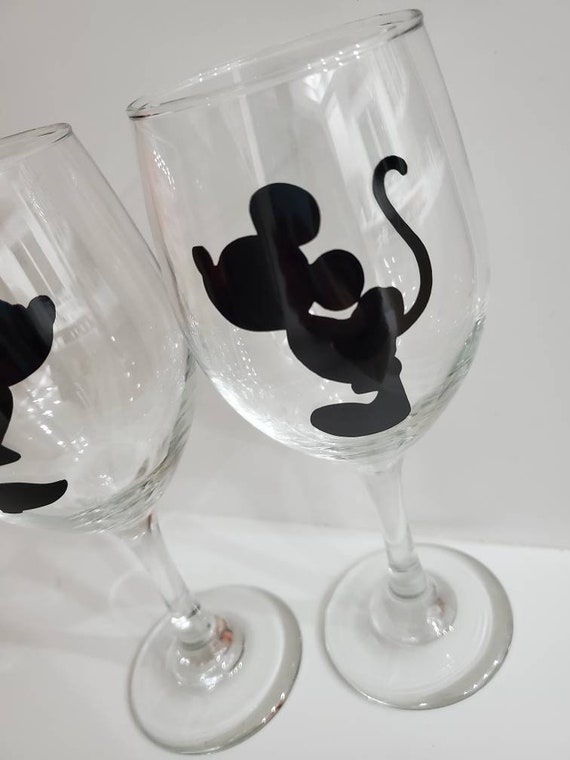 Mickey and Minnie Mouse Kissing Pair of Large Hand Painted Wine Glasses 