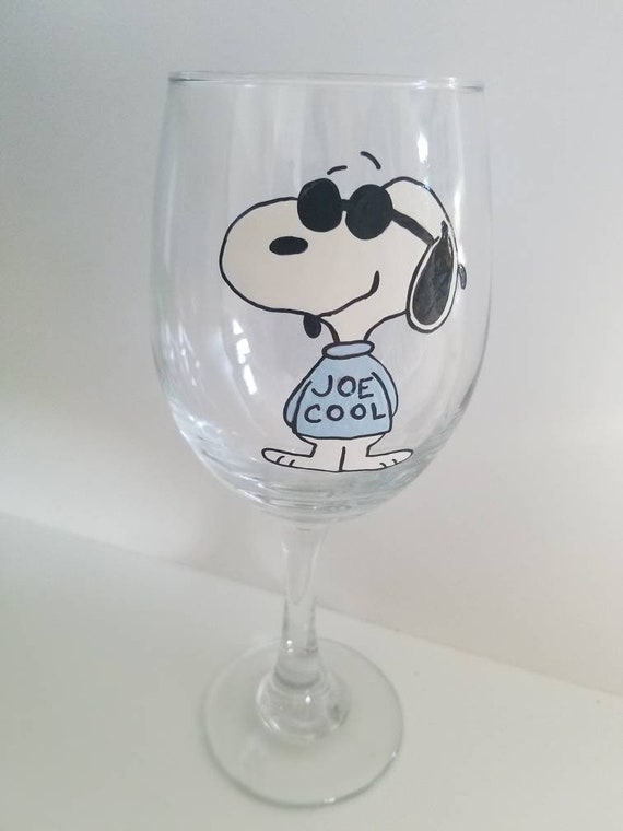 Snoopy Inspired Wine Glass, Joe Cool, Peanuts Gang, Charlie Brown 