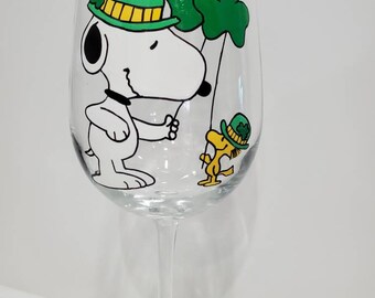 Snoopy and Woodstock inspired St. Patrick's Day hand painted wine glass Peanuts gang