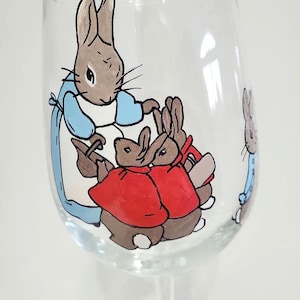 decorative peter rabbit inspired hand painted wine glass Easter peter cottontail Beatrix Potter wedding