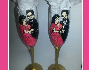 custom set of 2 champagne flute wine toasting glasses Indian wedding bride groom wedding toasting glasses