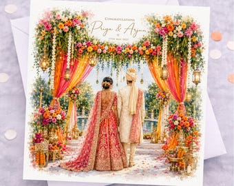 Gepersonaliseerde Indiase trouwkaart | Kleurrijke hindoe-huwelijkswensenkaart | Luxe kaart voor bruid en bruidegom | Aangepast Indiaas huwelijkscadeau