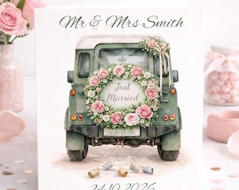 Tarjeta de boda personalizada con diseño de Land Rover, nombres personalizados, fecha y felicitación por la boda.