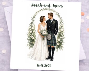 Scottish Wedding Card, Mr & Mrs Congratulations, Custom Names and Dates, kilt, Bride and groom