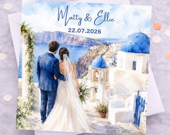 Biglietto di auguri personalizzato per matrimonio in Grecia / Biglietto di auguri per matrimonio in Grecia / Nomi e data personalizzati / Ricordo di nozze per gli sposi / Biglietto di auguri blu per matrimonio