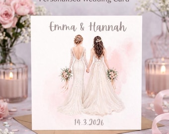 Carte de mariage personnalisée pour Mme et Mme, prénoms personnalisés, date, félicitations pour couple de lesbiennes