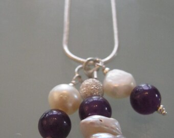 Triple Pendant Ametyst ,Pearl and 925 Silver Necklace