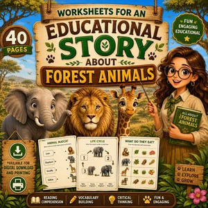 May include: A digital educational worksheet set titled Worksheets for an Educational Story About Forest Animals, featuring illustrations of an elephant, lion, and giraffe, alongside a teacher character holding a book and three sample activity pages.