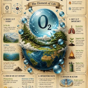 Könnte beinhalten: Lehrreiches Poster über Sauerstoff, mit einem großen blauen O2-Molekül über einem Globus. Das Poster enthält Fakten über die Eigenschaften, Verwendung und Entdeckung von Sauerstoff, mit Illustrationen von Pflanzen, Feuer und Tauchen.