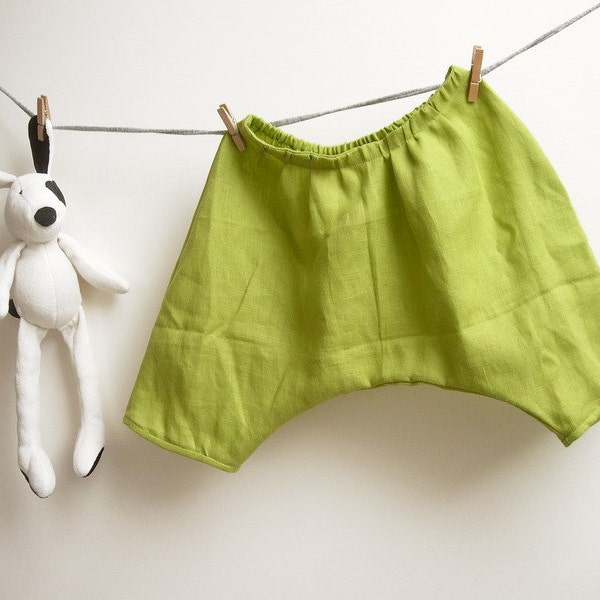 Linen harem shorts for children, green pure linen, sarouel, 12-18 months