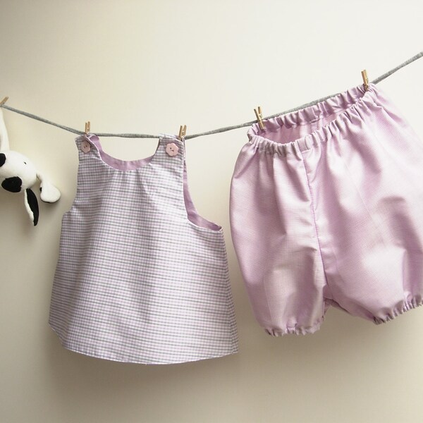 Baby girl outfit with sleeveless top and bloomers, pure cotton, checked pink, lilac and white, 6 months, ready to ship.