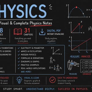 以下が含まれることがあります： 黒い背景に大きな青い文字でPHYSICSと書かれたデジタル物理学学習ガイド。このドキュメントには38ページ、31章が含まれており、さまざまな数学の公式、グラフ、ベクトル図、物理学のデータ表が記載されています。