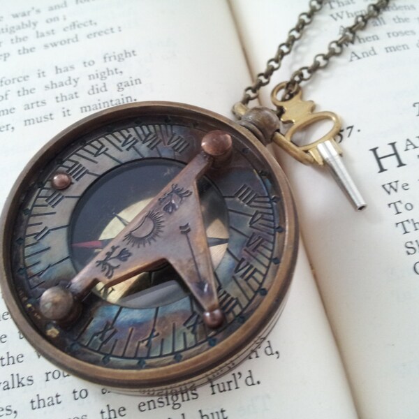Lost at  sea -  Ox Brass compass sundial necklace with antique pocket watch key