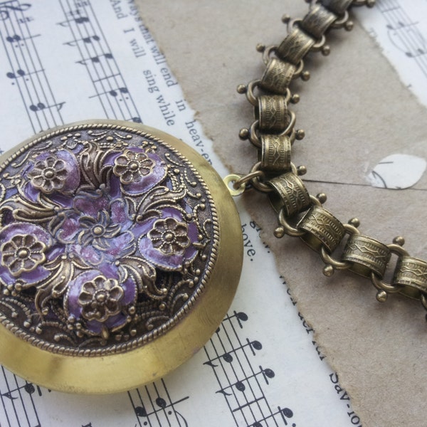 Victorian Style Flower filigree Locket Bookchain Necklace in Purple / Lilac