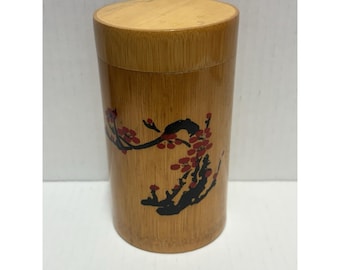 Vintage Bamboo Hand Painted Flower Vase Box Brush Holder 5.5 Inches Japan